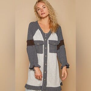 POL Light Weight Knit Gray and Floral Cardigan, flower buttons. Size: Multi